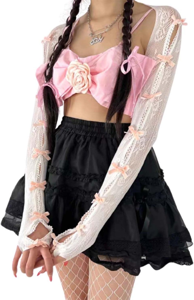 Sumleno Women's Mesh Lace Shrug Crop Top Y2K Aesthetic Arm Sleeves Cardigan with Bow Grunge Cute Fairycore Accessories - Image 1
